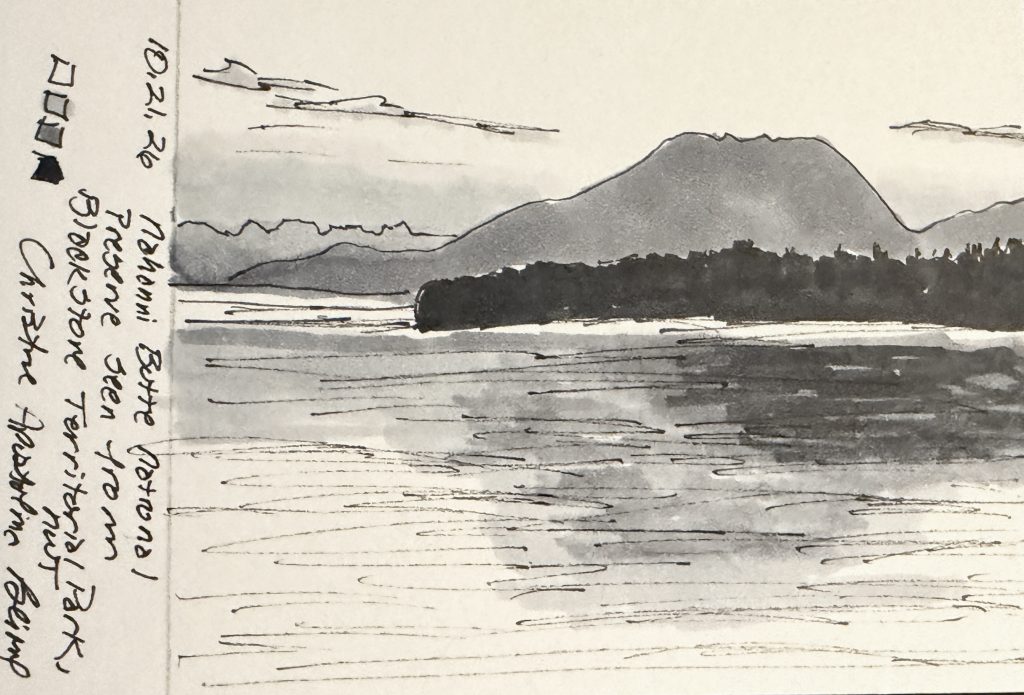 Grayscale pen and marker drawing of Nahanni Butte seen from Blackstone Territorial Park, Northwest Territories, with river, forest and mountains.